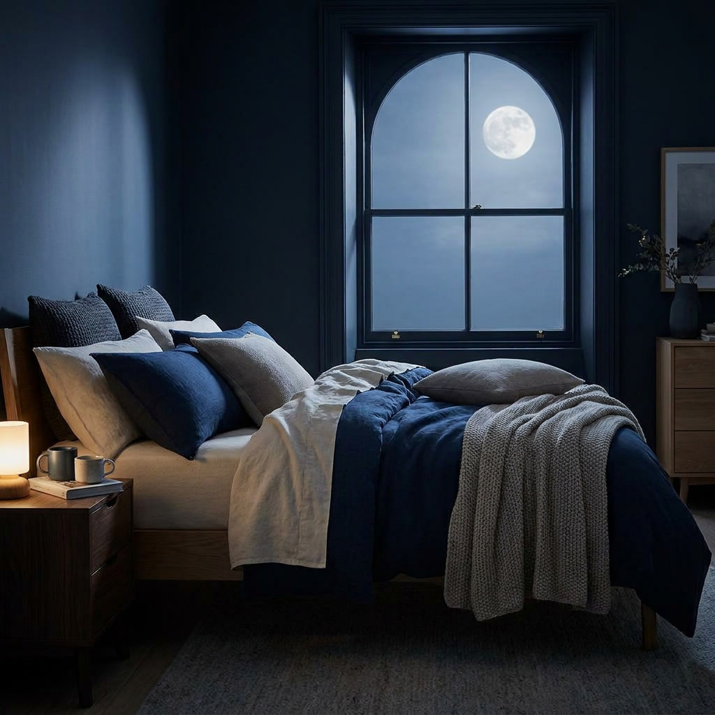 Full moon over a peaceful bedroom at night