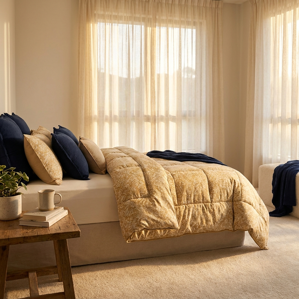 Soft sunrise light in a calm bedroom