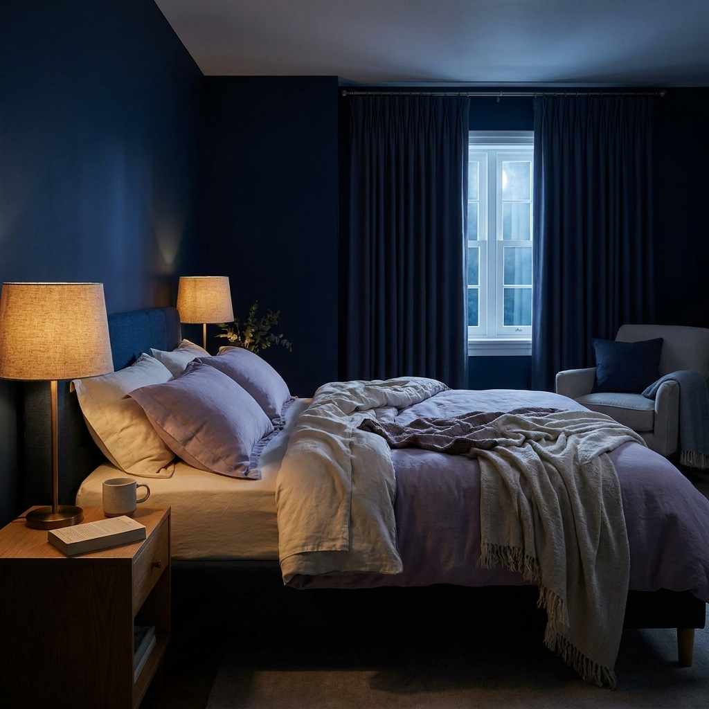 Inviting bed in a moonlit bedroom ready for sleep
