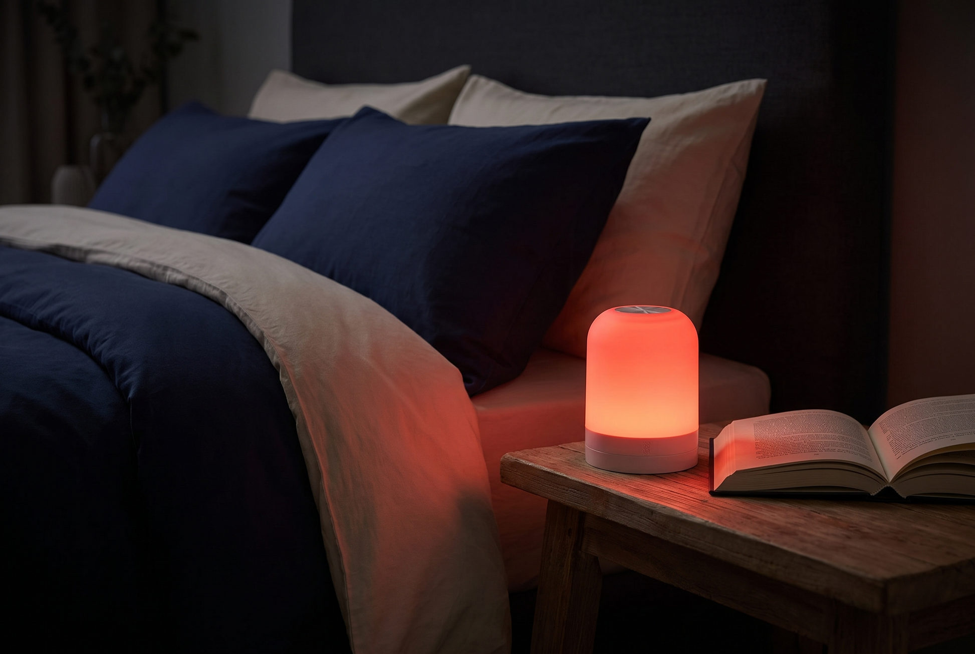 Ember red night lamp glowing on a nightstand in a dark bedroom