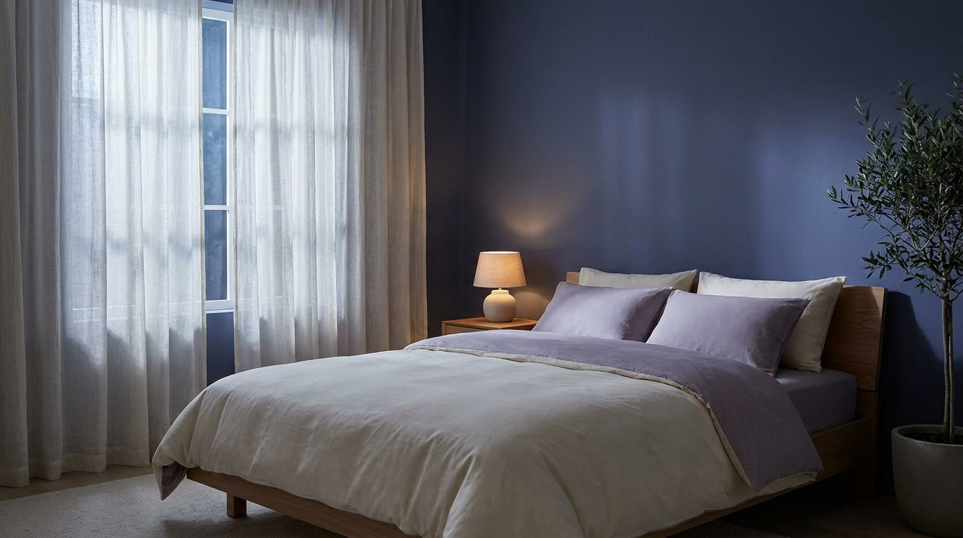 Calm bedroom at dusk with soft moonlight and cozy bedding